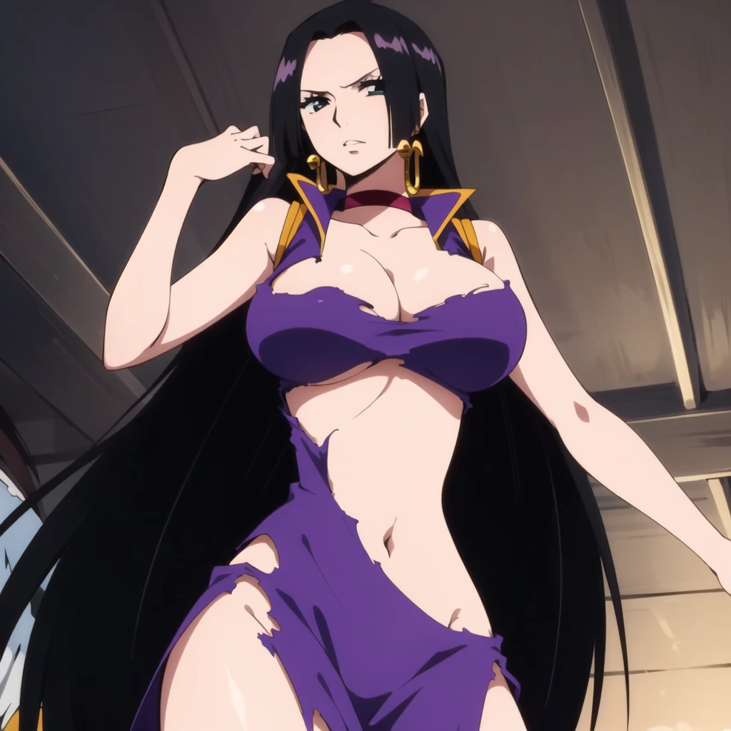 <lora:hancock:0.75> 1girl, breasts, large breasts, dress, navel, cleavage, jewelry, very long hair, earrings, solo focus, choker, torn clothes, torn dress, boa hancock