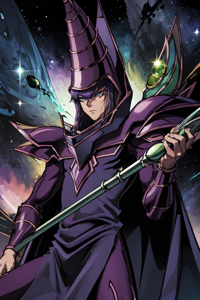 <lora:dm_ygo-10:.9>, ygodm, 1man, purple hair, blue eyes, armor, robe, helmet, outer space, darkness, standing, scepter, upper body, holding scepter, sitting down, from below