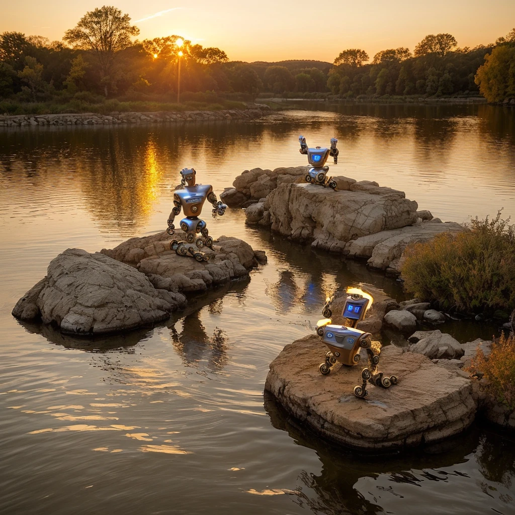 professional 3d model ( robotic:1.5) Golden Hour Romance Create a romantic scene with the robotic beauty in the river during the golden hour. Use soft, warm lighting, golden reflections, and a low camera angle to highlight the enchanting features. . octane render, highly detailed, volumetric, dramatic lighting