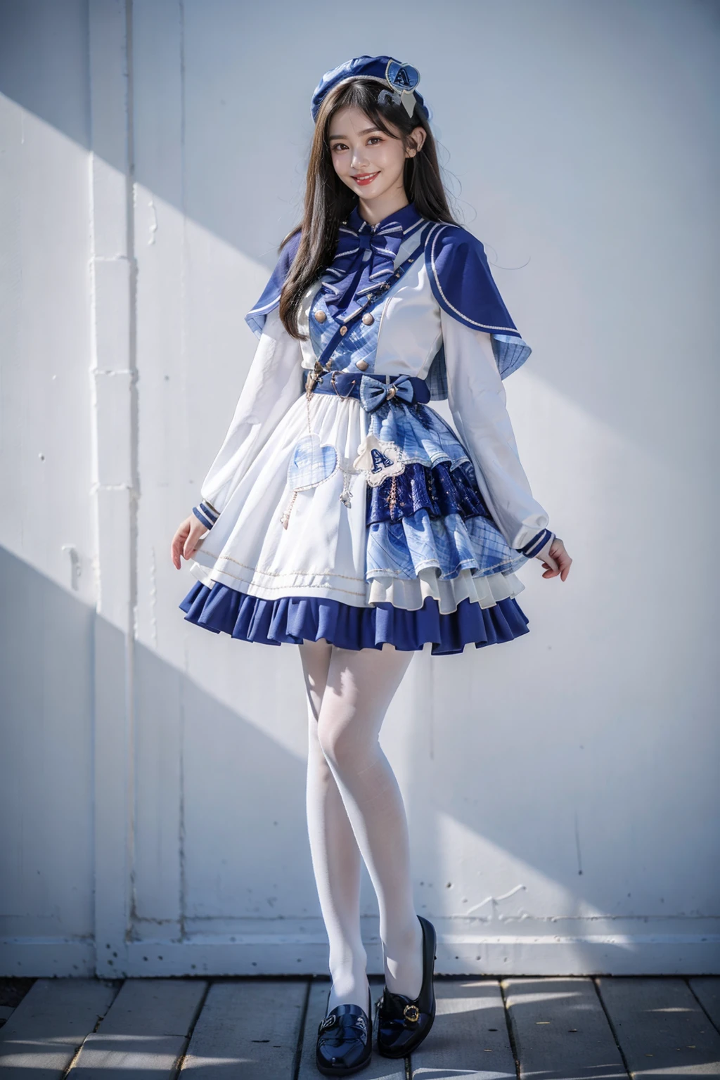 best quality, masterpiece, photorealistic, 1girl, solo, full body, standing, long straight hair, looking at viewer, arms at sides, smile, cyb dress, capelet, long sleeves, belt, bow, hat, white pantyhose, shoes, simle background, <lora:idol_costume_style8_v1:0.75>