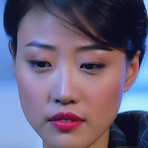 KathyChow, short hair, defined jawline, high cheekbones, almond-shaped eyes with dark irises, well-defined and arched eyebrows, a look of intensity or concentration, straight nose, refined nasal bridge. full lips, beautiful