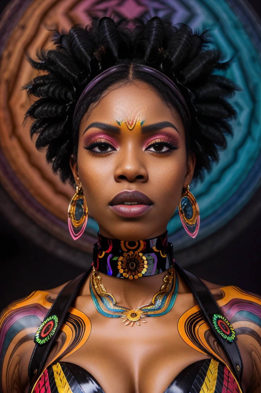 Psychedelic style A RAW photograph of a beautiful, African woman, full body portrait, thin, colorful latex bra and choker, (long black eyelashes), eyelash extensions, dark background. Vivid color and contrast.  . Vibrant colors, swirling patterns, abstract forms, surreal, trippy