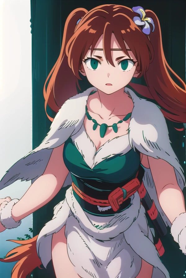 inuyashaayame, <lora:inuyasha ayame anime s4-lora-nochekaiser:1>,
ayame, long hair, brown hair, hair ornament, twintails, (green eyes:1.3), flower, red hair, sword, hair flower,
BREAK jewelry, necklace, cape, collarbone,
BREAK outdoors,
BREAK looking at viewer, (cowboy shot:1.5),
BREAK <lyco:GoodHands-beta2:1>, (masterpiece:1.2), best quality, high resolution, unity 8k wallpaper, (illustration:0.8), (beautiful detailed eyes:1.6), extremely detailed face, perfect lighting, extremely detailed CG, (perfect hands, perfect anatomy),