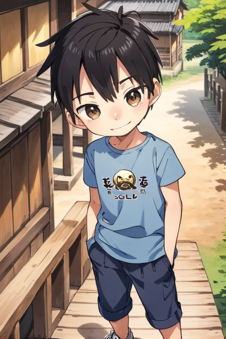 <lora:cutifiedanimecharacterdesign_variant_type_D_SDXL_v10:0.7>
type-d, solo, looking at viewer, smile, short hair, shirt, black hair, 1boy, brown eyes, male focus, male child, wooden village, full shot, sneakers