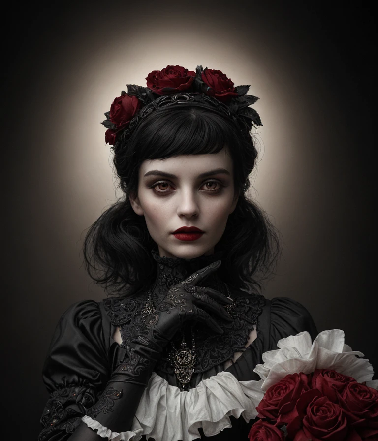 digital photo, sharp focus, dark, haunting, beautiful portrait of a woman, wearing black, mesmerizing, unsettling, detailed rich ornate clothing, gothic mood, rococo, warm colors, red gloves,