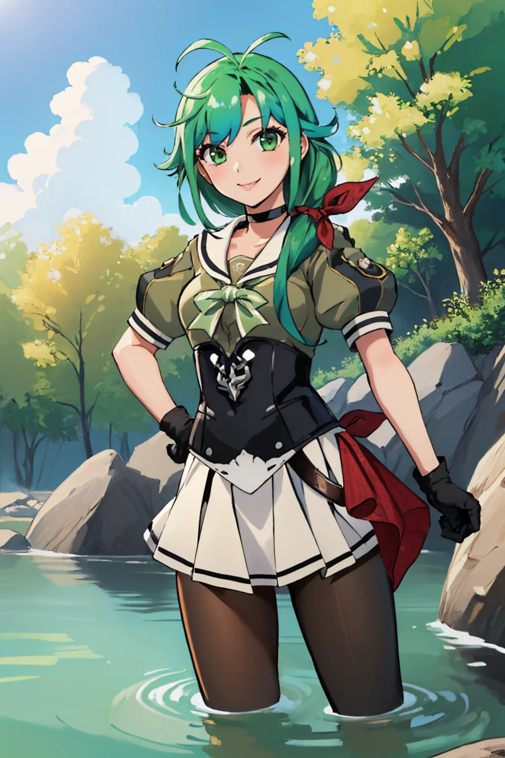 (masterpiece, best quality:1.2), solo, 1girl, kcmatsu, smile, looking at viewer, wading, antenna hair, school uniform, serafuku, short sleeves, black gloves, skirt, pantyhose, choker <lora:kancolle_matsu-10:1>