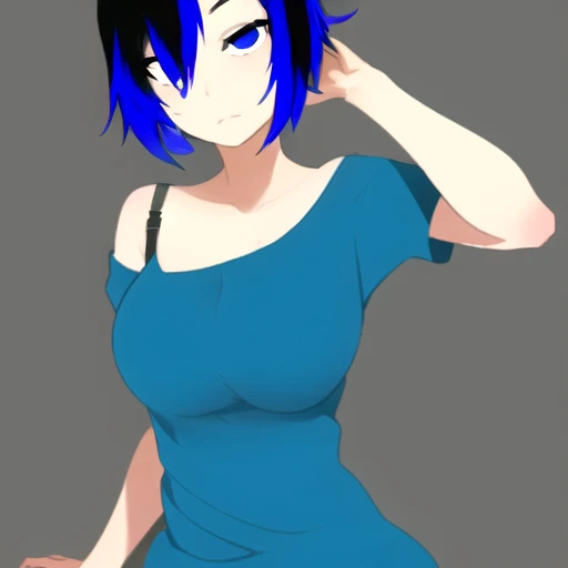 <lora:Selene-09:0.8>, Selene, 1girl, solo, looking at viewer, simple background, large breasts, short hair, blue shirt, off shoulder, black pants, blue eyes, underwear, short hair, black hair, blue hair, two-tone hair, multicolored hair, bra, black bra, bra strap, hair over one eye, from the front, full body, masterpiece