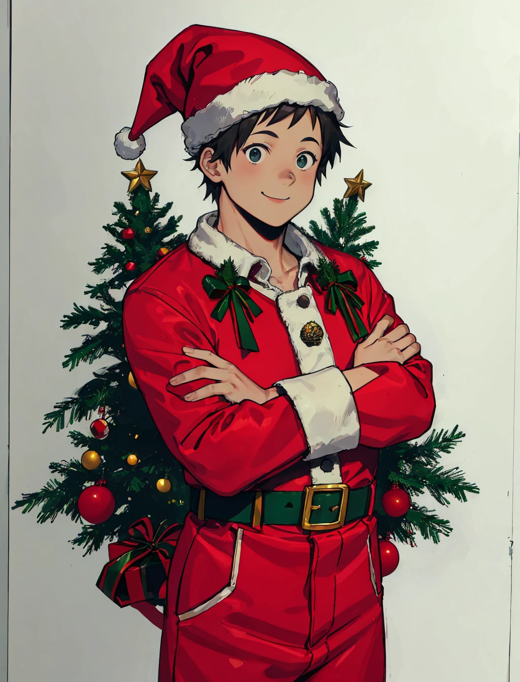 traditional media, 1boy, santa hat, santa costume, smile; closed mouth, crossed arms, gift, christmas tree, <lora:dorohedoro-10:1>