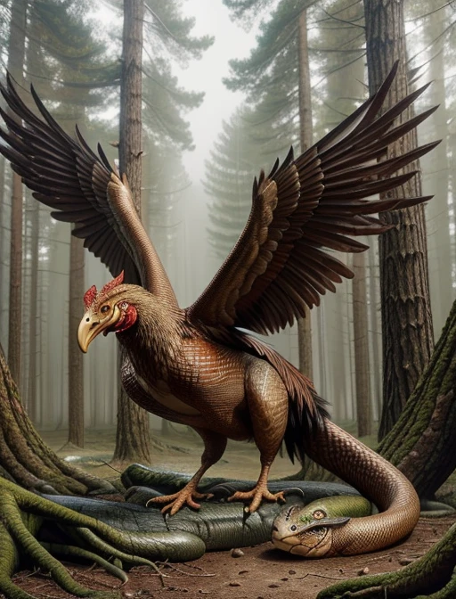 best quality, masterpiece, highres, detailed realistic, <lora:Detail - add_detail:0.2>, Cockatrice, chicken, bird, wings, snake, <lora:Cockatrice:0.6>, no humans, forest, trees,