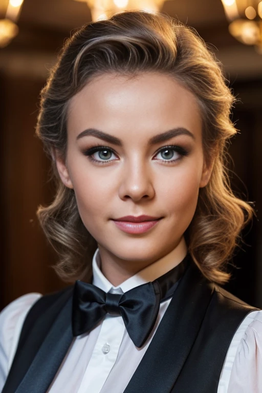 VerE1lTTXV1B,
a blonde woman posing for masterpiece photo, wearing a black tuxedo vest and a white shirt and black bow tie around her neck, (restauant ambience:1.2),
(extremely detailed skin), (flawless skin), (extremely detailed pupils and irises), (model pose),
(natural light), (high quality photography), (intricate details), (8k), (HDR), (sharp focus), (close up portrait:1.2)