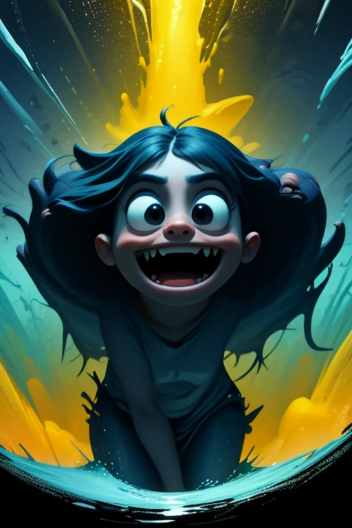 (animated:1.2) surprised fish, angry monster, hilarious funny, orange blue yellow theme, paint drip