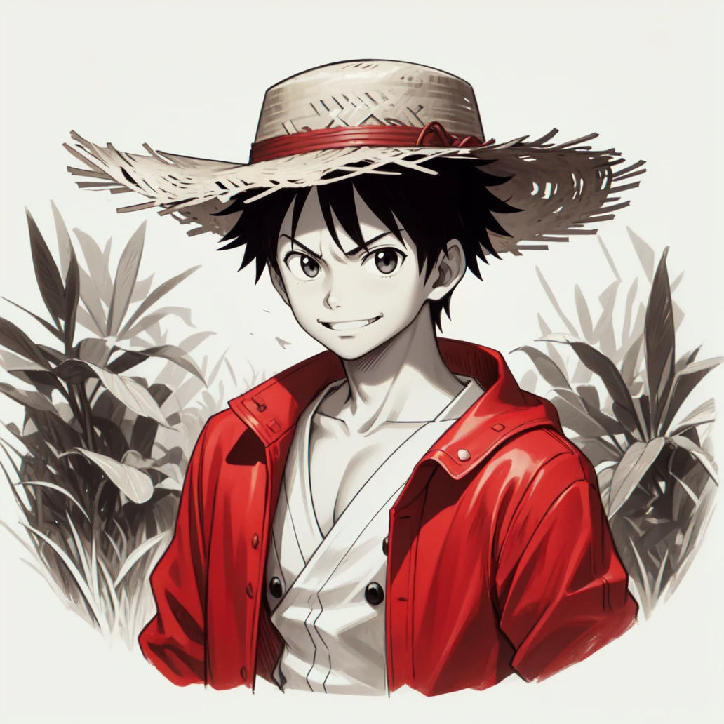 (masterpiece, best quality:1.2), (monochrome, spot color:1.08), monkey d, (red jacket:1.1), open jacket, black eyes, luffy, hat, male focus, straw hat, 1boy, looking at viewer, smile, solo