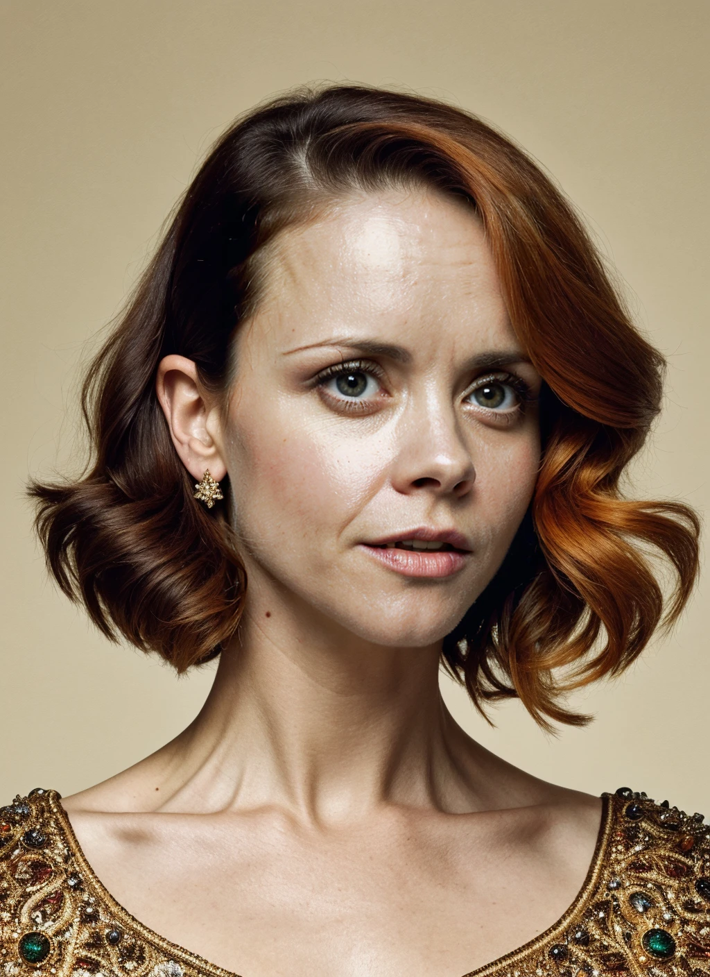 a professional photo of a beautiful sks woman, (fully clothed in medieval battle armor), olive skin, long dark hair, beautiful bone structure, upper body, symmetrical facial features, intricate, elegant, smooth, sharp focus, by Annie Leibovitz, christmas theme
christinaricci <lora:lora-small-christina-ricci-v1:0.2> <lora:locon_christinaricci_v1_from_v1_64_32:0.4> christinaricci-ti, portrait of ((sks woman)) by Flora Borsi, style by Flora Borsi, bold, bright colours, orange Mohawk haircut, ((Flora Borsi))