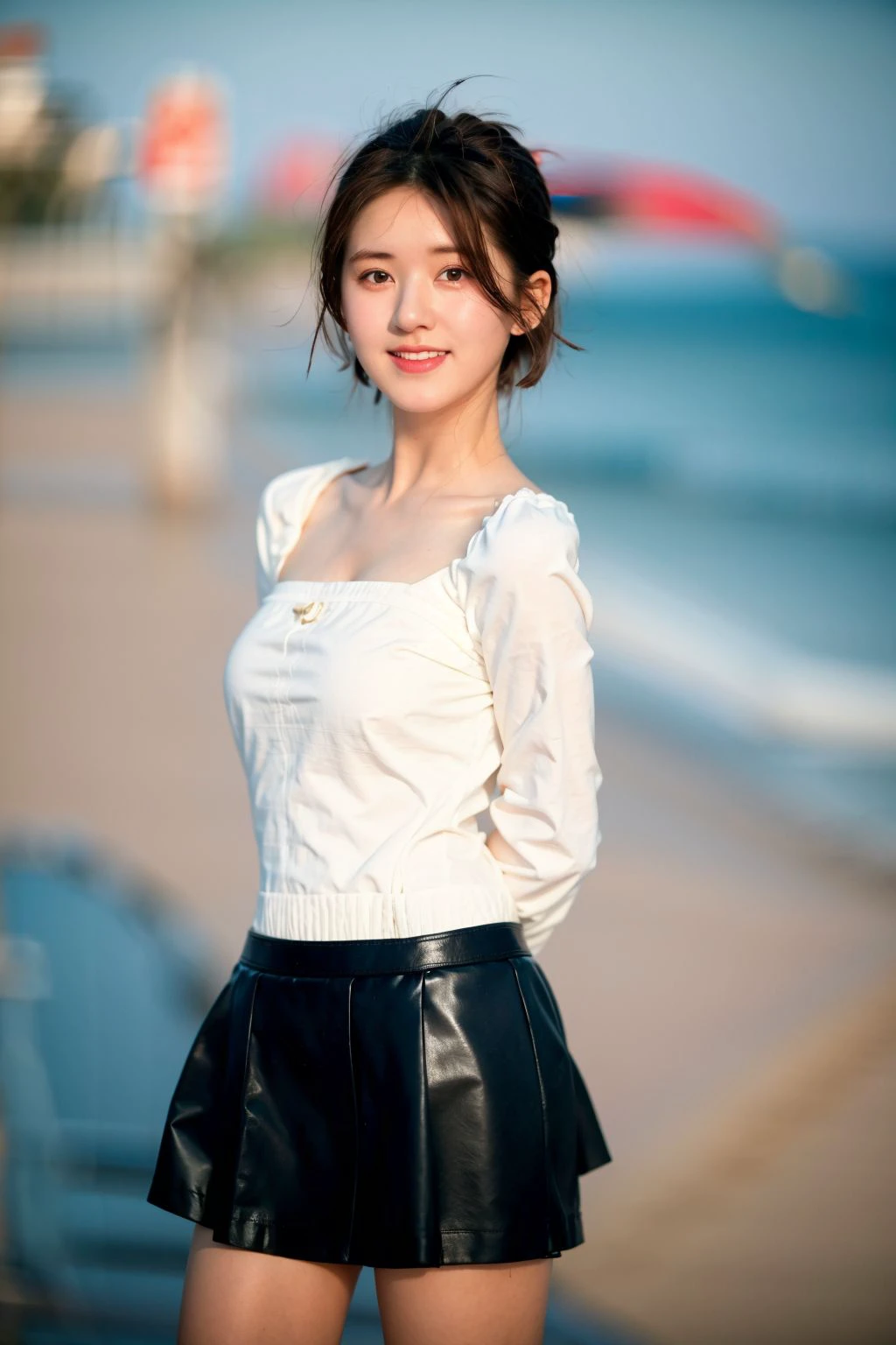 1girl,solo,miniskirt,looking at viewer,short hair,brown hair,black hair,beach,over the sea,
