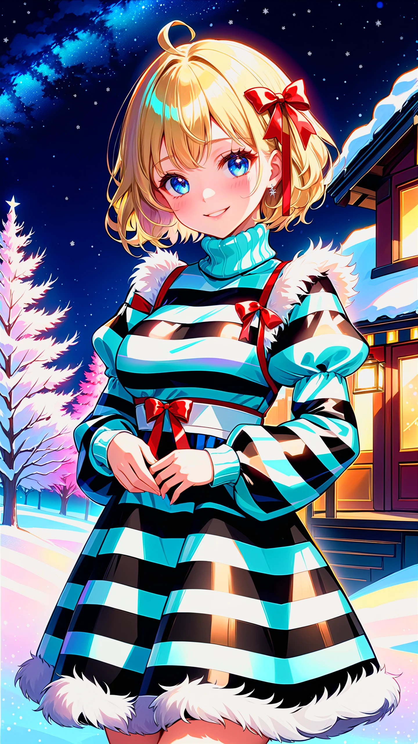 Extremely cute goth girl, red christmas theme, tiny golden accents, beautifully and intricately detailed, ethereal glow, whimsical, art by Mschiffer, best quality, glass art, magical holographic glow, (realistic:1.3), finely detailed, quality, Rembrandt lighting, (masterpiece:1.2), (photorealistic:1.2), (best quality), (detailed skin:1.3), (intricate details), dramatic, ray tracing, 1girl, japanese girl, 21 years old, detailed skin texture, (blush:0.5), (vaporwave:0.5), subsurface scattering, smiling, medium breasts, short hair curls, bangs, hair between eyes, (striped dress:1.2), long dress, jewelry, ribbon, turtleneck, sweater, puffy sleeves, long sleeves, fur trim, fur dress, cowboy shot, (night, night sky, winter scene, snow covered cityscape, hokkaido, christmas decorations)