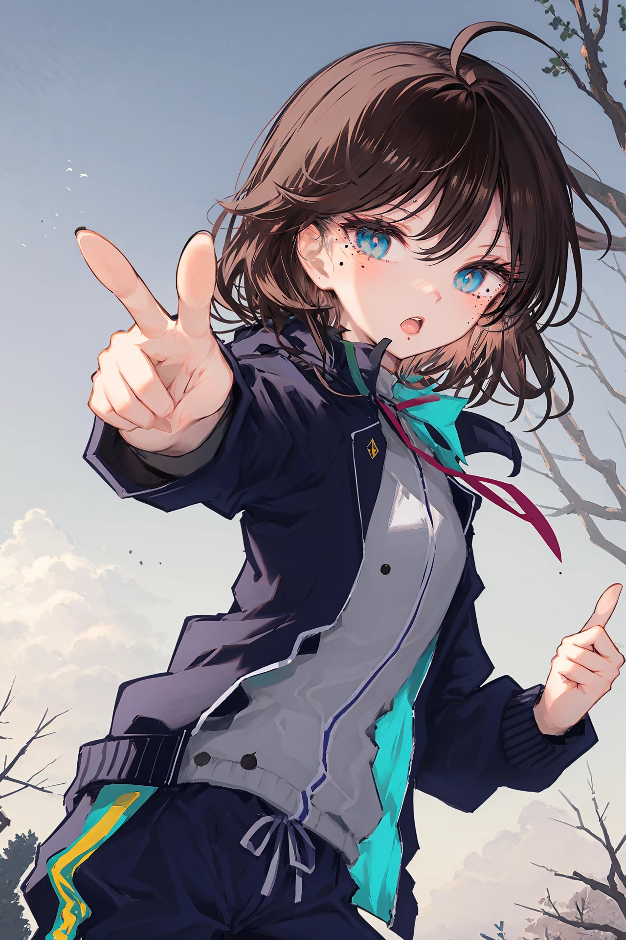 1girl, blue eyes, 1boy, green eyes, brown hair, open mouth, mole, jacket, mole under eye, black hair, pointing, :o, index finger raised, looking at viewer, track jacket, bangs, long sleeves, armor, ribbon, blush, tree, hair ribbon, track suit, pants, ahoge ,
/////////// <lora:IR-000220:1>