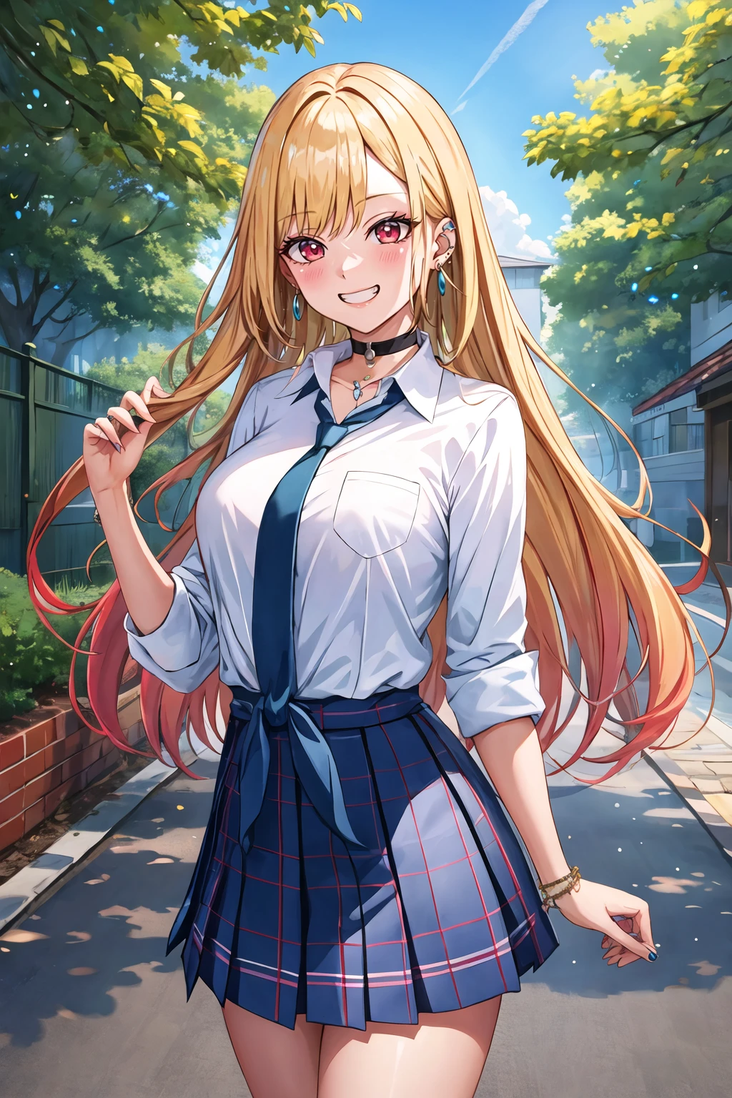 masterpiece, best quality, highres, kitagawa marin, 1girl, blonde hair, long hair, multicolored hair, red eyes, jewelry, earrings, piercing, school uniform, white shirt, tied shirt, black choker, blue necktie, plaid skirt, <lora:kitagawa_marin_v1-1:0.7>, grin, smile, standing, cowboy shot, outdoors, <lora:Doco-Style-v1_428072:1>
