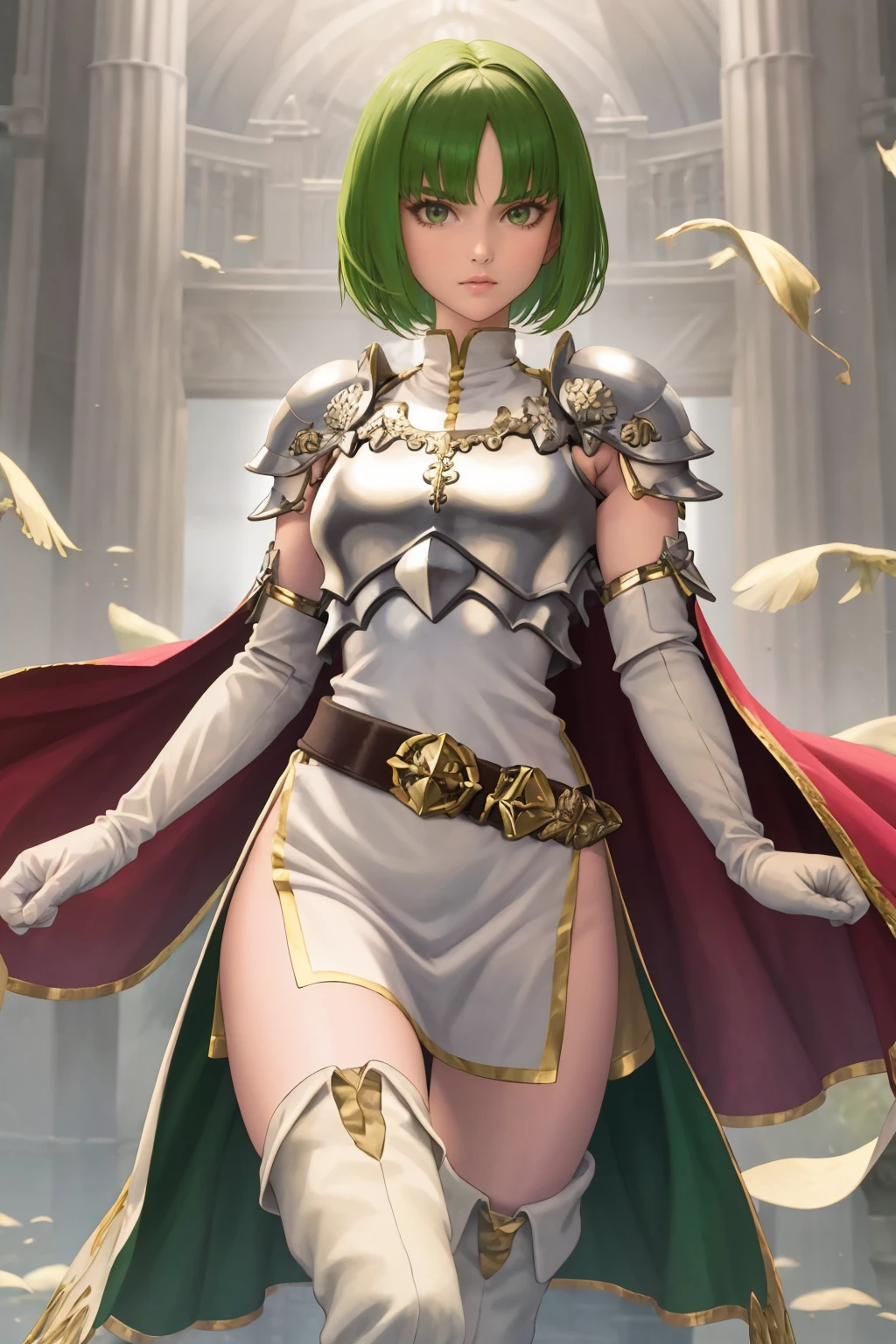 masterpiece, best quality, 1girl, solo, <lora:dithorba-fe-richy-v1:1> dithorba, shoulder armor, breastplate, white dress, belt, elbow gloves, cape, thigh boots
