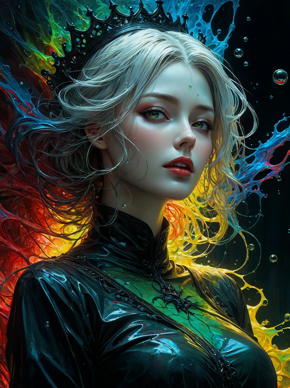 a Girl, laughing, Colorful colors, surrounded by water bubbles, in the style of Kawacy, Masterpiece, Oil painting drawn in anime style, head close - up, exaggerated perspective, Tyndall effect, water drops, mother - of - pearl iridescence, Holographic white, chess queen outfit, anime girl, girl with a pretty face, white gold hair, green eyes, goth girl, ((sexy school uniform)), wearing a stylish very sexy school uniform, with a funny expression on her face, Hellwalker, incombing death, black bloody veins growing and intertwining out of the darkness, oozing thick yellow blood, veins growing and pumping blood, (chubby female body:0.8), vascular networks growing, connecting, explanding, red veins everywhere, zdzislaw beksinski, (sharp colors:1.3), (rainbow skin:1.1), (Infrared:1.2), ultra detailed, intricate, ((dry brush, ultra sharp)), (surrealism:1.4), (disturbing:1.5), beksinski style painting, satanic symbols, (full torso), full body in frame, centered body, kawaii, realistic, ((intricate details)), (pale gothic evil queen), ibrant, action-packed, detailed character design, reminiscent of fighting video games, black bloody veins growing and intertwining out of the darkness, oozing thick neon rainbow blood, veins growing and pumping blood, vascular networks growing, connecting, explanding, red veins everywhere, zdzislaw beksinski, (vibrant colors:1.1), dynamic pose, perfect face, (realistic eyes), perfect eyes, ((dark gothic background)), sharp focus