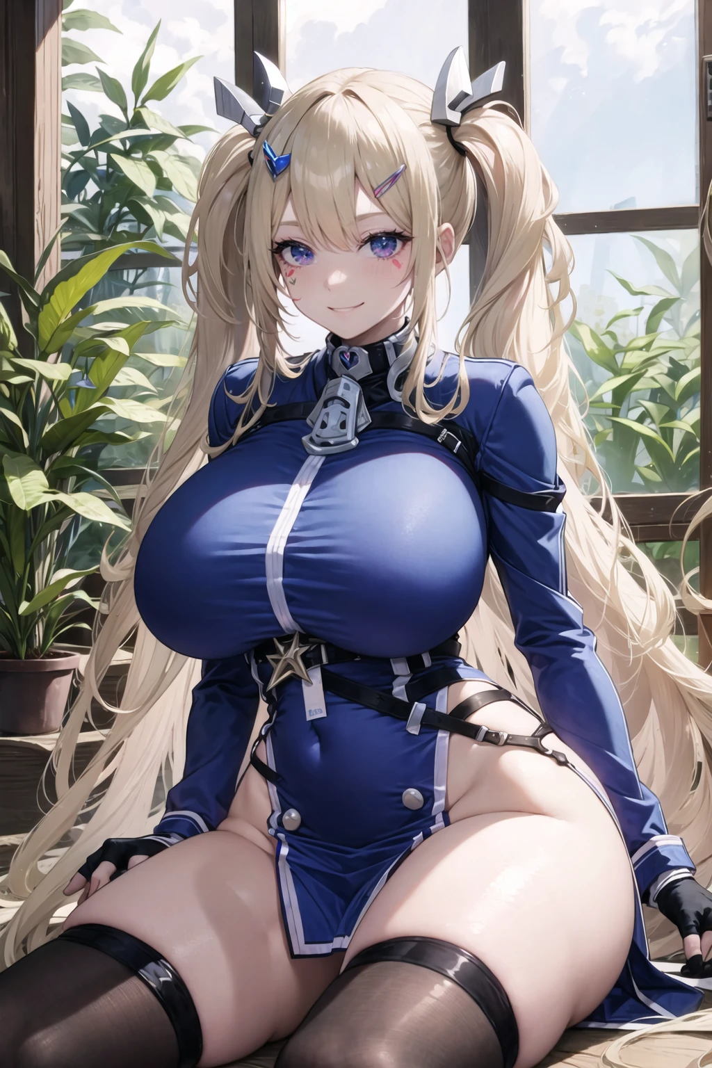 masterpiece, best quality, guam_al, 1girl, mature female,  solo, breasts, blonde hair,  thighhighs, gloves, fingerless gloves, long hair, very long hair, black thighhighs, blue eyes,  star-shaped pupils, symbol-shaped pupils, star \(symbol\),  hair ornament, huge breasts, twintails, hairclip, facial tattoo, heart tattoo, looking at viewer, thighs, black gloves, smile, tattoo, bangs, blush, thick thighs, long sleeves, skindentation, blue taut dress,  jacket, heart, very long hair, cowboy shot, sitting, indoors, potted plant,  window, outdoors, garden, flower, no panties,  <lora:guam_v5:0.8>,