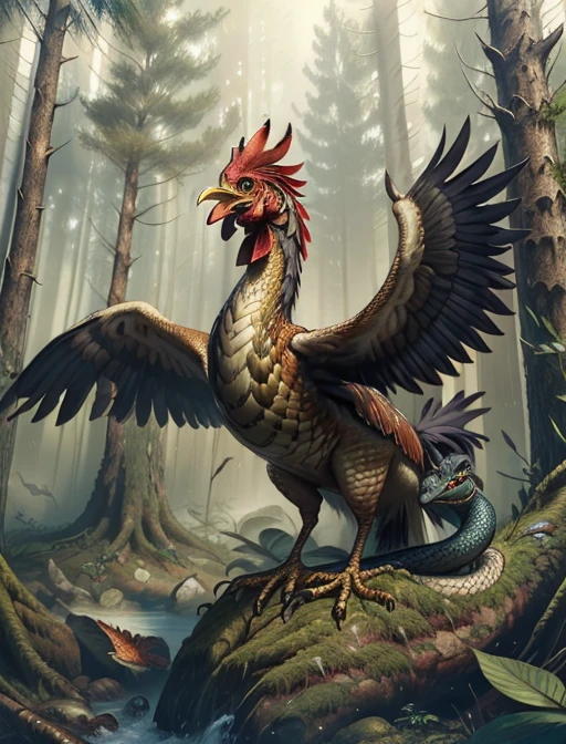 best quality, masterpiece, highres, detailed realistic, <lora:Detail - add_detail:0.2>, Cockatrice, chicken, bird, wings, snake, <lora:Cockatrice:0.6>, no humans, forest, trees,