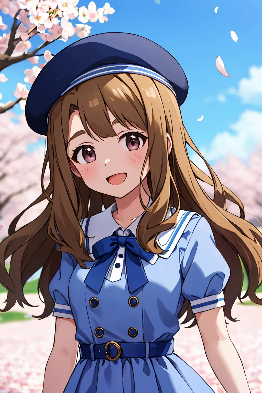 miyao miya, always friend, arm up, bracelet, sky, 1girl, solo, smile, looking at viewer, belt, cherry blossoms, blurry foreground, tree, upper body, open mouth, outdoors, falling petals, day, blurry background, blue sky, petals, branch, blush, depth of field, neck ribbon, blue ribbon, holding hat, beret, blue headwear, blue dress, frilled dress, collared dress, puffy short sleeves, blue bowtie, buttons, blue belt, buckle <lora:miyao_miya_locon_v2:0.7>