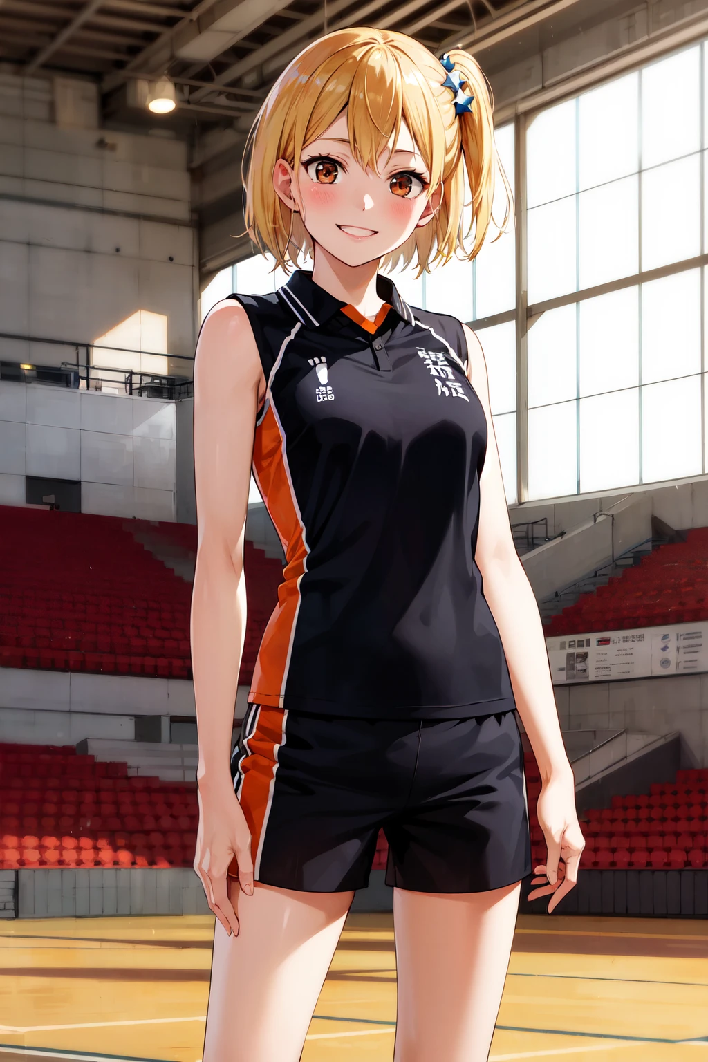 masterpiece, best quality, highres, 1girl, solo, short hair, one side up, blonde hair, brown eyes, sportwear, uniform, black shirt, sleeveless, black shorts <lora:yachi_hitoka_v1:0.7>, standing, cowboy shot, smile, stadium, indoors, court