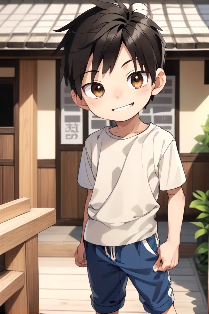 <lora:cutifiedanimecharacterdesign_variant_type_D_SDXL_v10:0.7>
type-d, solo, looking at viewer, smile, short hair, shirt, black hair, 1boy, brown eyes, male focus, male , wooden village, full shot, sneakers