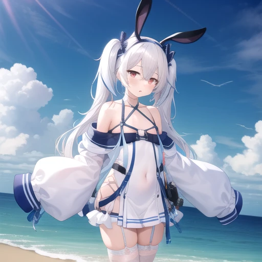 ((masterpiece)),(best quality),official art,extremely detailed CG,unity 8k wallpaper,ultra detailed,A lighthouse on a cliff by the sea,1girl,solo,cowboy shot,looking at viewer,laffey ii (azur lane),animal slippers,white hair,blue headband,blue ribbon,small breasts,fake animal ears,garter straps,gradient hair,hair between eyes,halterneck,very long hair,long sleeves,multicolored hair,off shoulder,rabbit ears,red eyes,sleeves past fingers,sleeves past wrists,twintails,white dress,white footwear,white thighhighs,<lora:Laffey II(azur)-v1>,