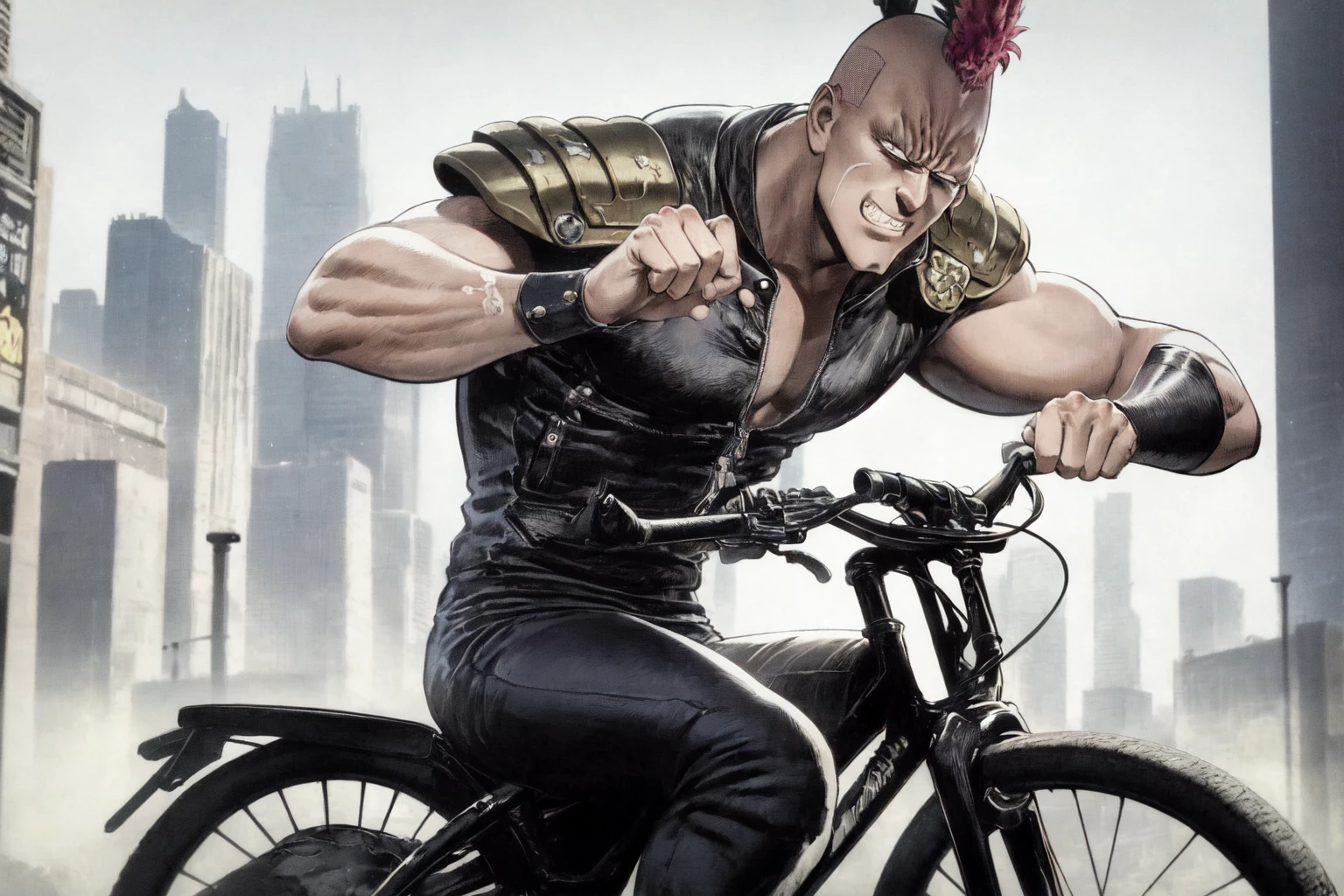 <lora:FistoftheNorthStar_ComicStyle-000010:0.8:lbw=outall>, 5boys, bike, riding, (mohawk,bald),shoulder armor,evil grin,, (best quality, masterpiece:1.3)