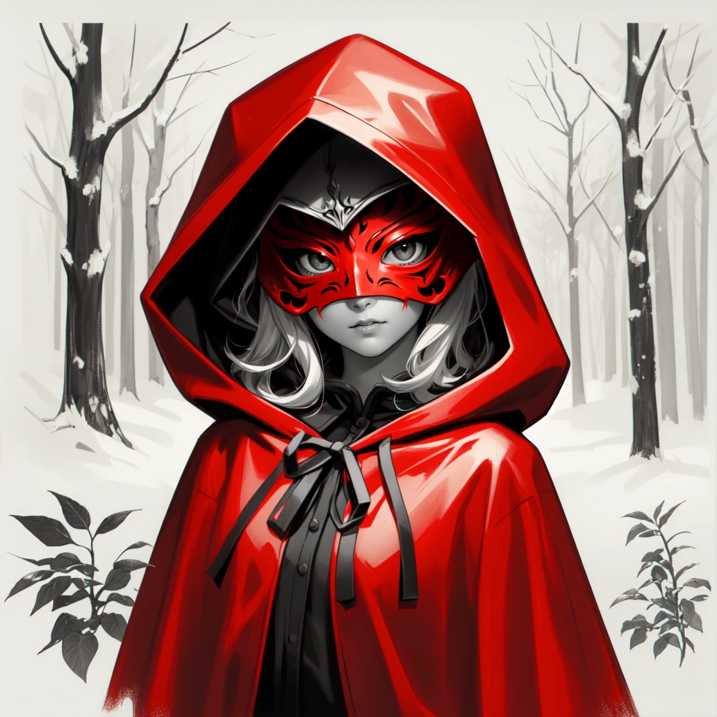 (masterpiece, best quality:1.2), (monochrome, spot color:1.08), 1girl, solo, hood, little red riding hood (grimm), hood up, red hood, cloak, mask