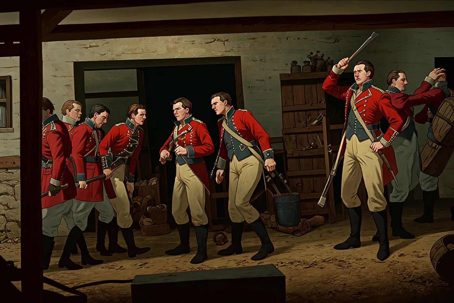 battle, close, farmhouse, redcoats