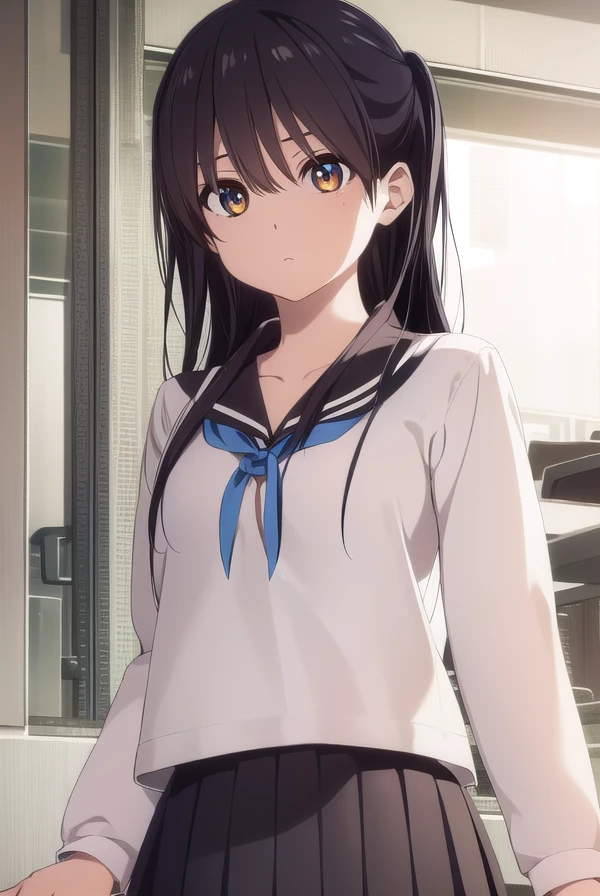 ruriichigyou, <lora:ruri ichigyou movie-lora-nochekaiser:1>,
ruri ichigyou, long hair, (black hair:1.5), hair between eyes, (brown eyes:1.2), two side up,
BREAK skirt, school uniform, pleated skirt, serafuku, black skirt, long sleeves,
BREAK indoors, classroom,
BREAK looking at viewer, (cowboy shot:1.5),
BREAK <lyco:GoodHands-beta2:1>, (masterpiece:1.2), best quality, high resolution, unity 8k wallpaper, (illustration:0.8), (beautiful detailed eyes:1.6), extremely detailed face, perfect lighting, extremely detailed CG, (perfect hands, perfect anatomy),