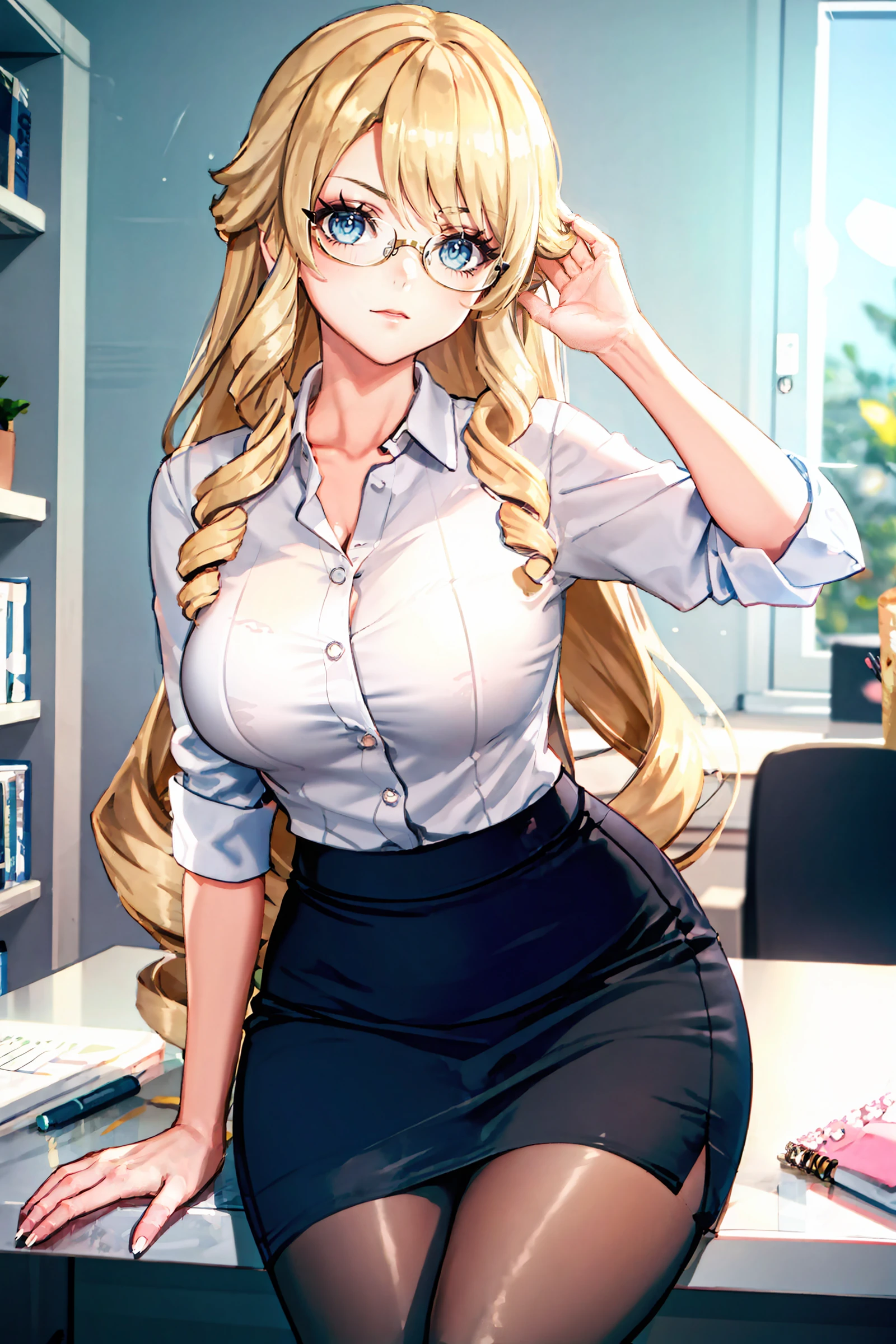 masterpiece, best quality, high resolution, UHD, 8k, ((cowboy shot)), BREAK, 1 girl, ((girl style anime)), Glossy skin, rounded eye, beautiful eyelash, realistic eye, beautiful woman, brown ligth hair, long hair, with white highlights, slicked-back haircut, perfect body, big breasts, wearing black glasses, BREAK, detailed clothes, beautiful face, wearing in black close formal suit with a white shirt, red tie, black pants, BREAK, standing touching his glasses with a weak smile, in an office with many papers and folders and a small statue of justice.