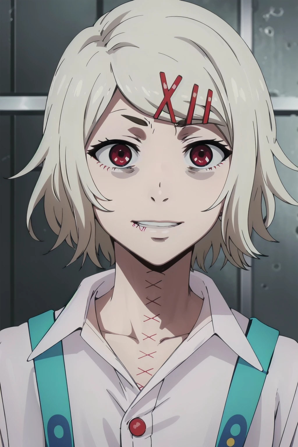 (masterpiece, best quality, high quality, highres, ultra-detailed), 
juuzou-suzuya, solo, short hair, shirt, hair ornament, red eyes, 1boy, white shirt, white hair, male focus, hairclip, collared shirt, suspenders, x hair ornament, portrait, stitches, crazy eyes, crazy smile, v-shaped eyebrows, anime screencap, 
<lora:Juuzou_Suzuya-15:1>