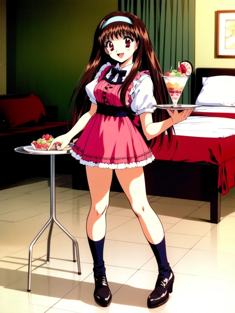 <lora:YuukiMizuho:0.8> YuukiMizuho, 1girl, waitress, solo, parfait, long hair, hairband, brown hair, socks, red eyes, tray, open mouth, food, full body, skirt, short sleeves, shoes, smile, ice cream, holding, apron, sundae masterpiece, best quality, 4k, 8k, 1990s (style), retro artstyle, hotel room, hotel bed,
masterpiece, high quality, very_high_resolution, large_filesize, full color,