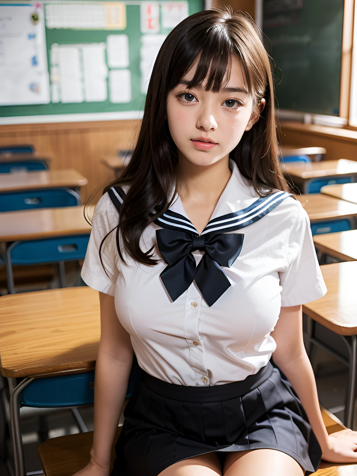 1girl, bangs, black shirt, black skirt, brown eyes, brown hair, large breasts, long hair, no bra, red bowtie, sailor collar, class room, school uniform, sitting