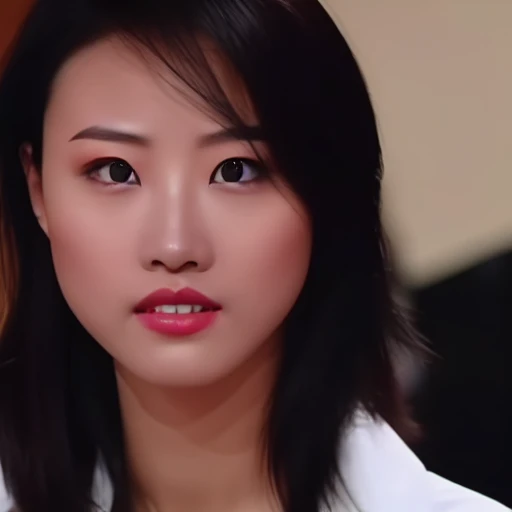 KathyChow, short hair, defined jawline, high cheekbones, almond-shaped eyes with dark irises, well-defined and arched eyebrows, a look of intensity or concentration, straight nose, refined nasal bridge. full lips, beautiful