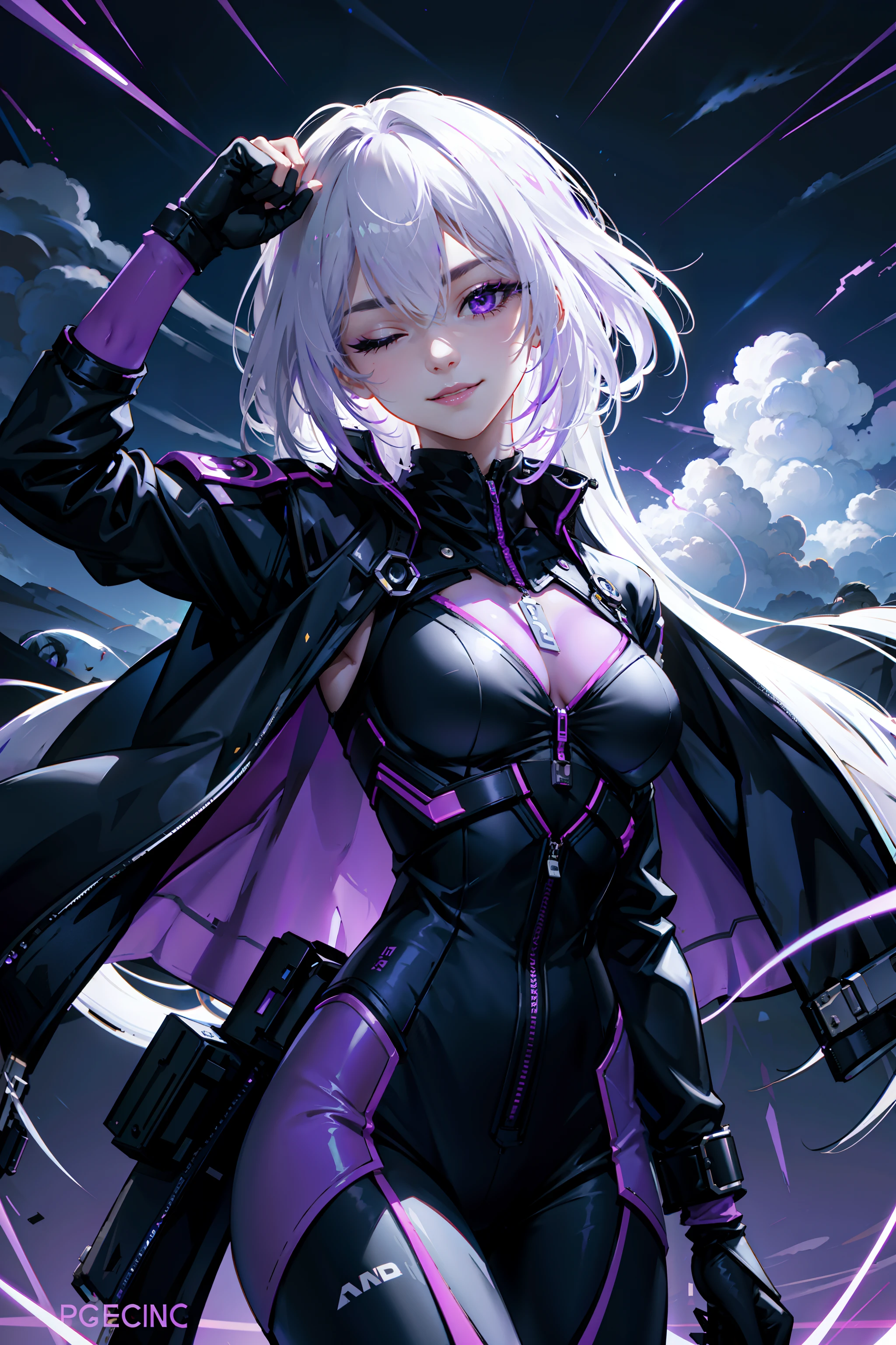 android, mechanical arms, lightning, purple lightning, clouds, (dark theme:1.3), arms crossed, limited pallete, cinematic lighting, backlight, white hair, absurdly long hair, hair over one eye, (purple eyes:0.9), seductive smile, evil smile, wide-eyed, head tilt, white jacket, purple, purple theme, arms up, fists, BREAK, one eye closed