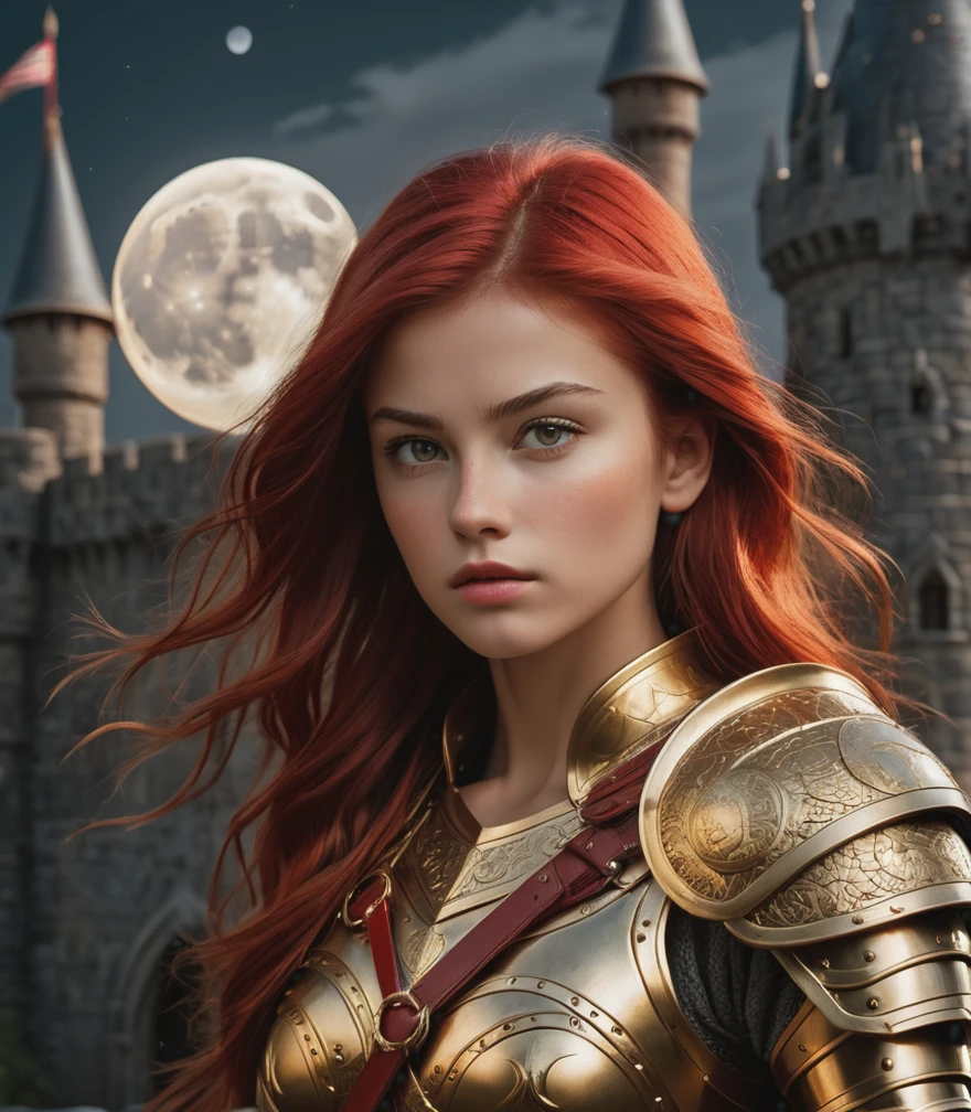 warrior girl, armor gold, hair red, castle, moon, intricate detail ,dark background , HD. Photograph, ((realism)), extremely high quality RAW photograph, ultra detailed photograph, sharp focus, high resolution, (detailed skin:1,3),high quality, film grain, Fujifilm XT3,Highly Detailed, movie, (Cinematic Photo:1.3) of (Realistic:1.3)