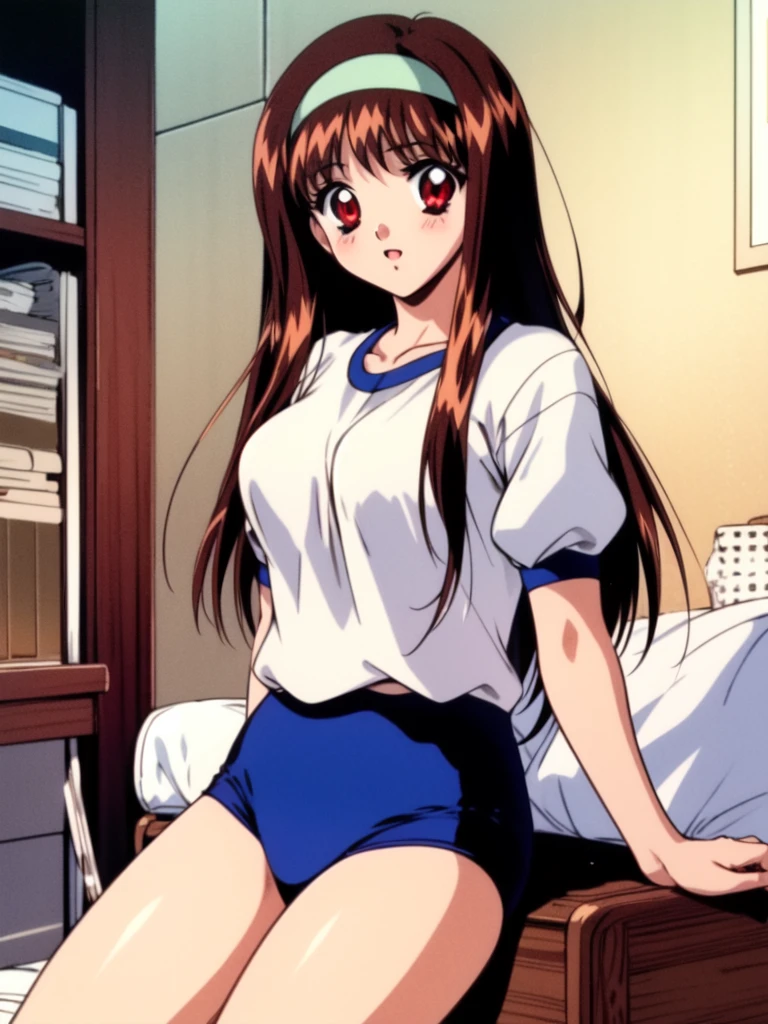 <lora:YuukiMizuho:0.8> 	:YuukiMizuho, 1girl, solo, YuukiMizuho, 1girl, solo, buruma, gym uniform, vaulting horse, blue buruma, sitting, gym storeroom, indoors long hair, hairband, red eyes, brown hair, masterpiece, best quality, 4k, 8k, 1990s (style), retro artstyle, hotel room, hotel bed, 
masterpiece, high quality, very_high_resolution, large_filesize, full color,