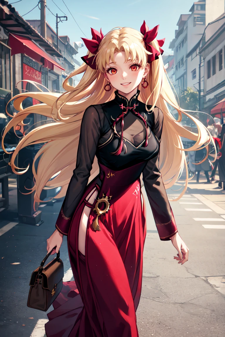 masterpiece, best quality, absurdres, EreshkigalYouming, two side up, hair ribbon, vietnamese dress, long skirt, outdoors, city scene, smile, <lora:EreshkigalV2:1>