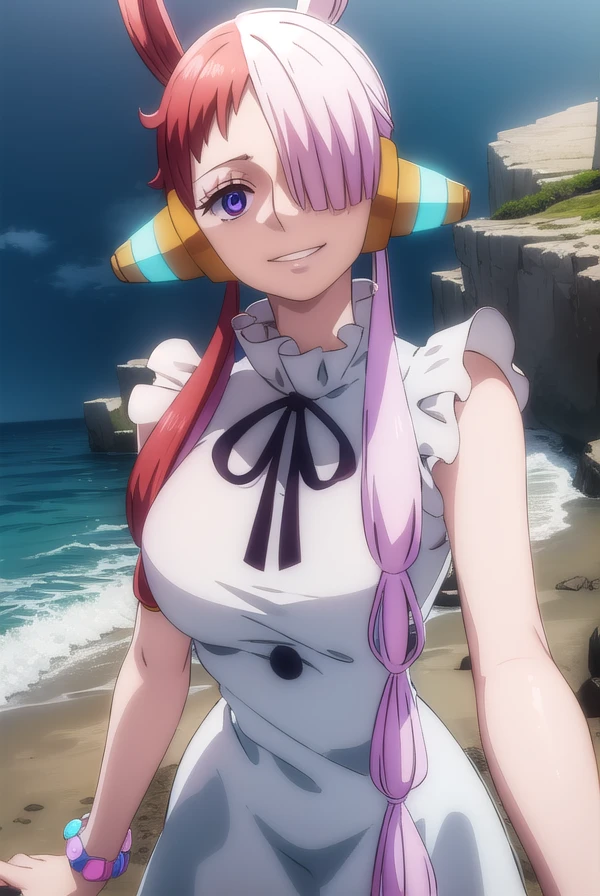 onepieceuta, <lora:uta red movie-lora-nochekaiser:1>,
uta, long hair, (purple eyes:1.1), white hair, red hair, multicolored hair, (hair over one eye:1.5), two-tone hair, split-color hair, hair rings, sidelocks, smile, grin,
BREAK dress, ribbon, jewelry, white dress, headphones,
BREAK outdoors, ocean,  boat,
BREAK looking at viewer, (cowboy shot:1.5),
BREAK <lyco:GoodHands-beta2:1>, (masterpiece:1.2), best quality, high resolution, unity 8k wallpaper, (illustration:0.8), (beautiful detailed eyes:1.6), extremely detailed face, perfect lighting, extremely detailed CG, (perfect hands, perfect anatomy),