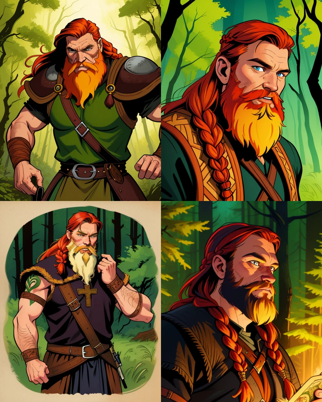 illustration, upper body, old viking warrior, beard, braided long hair, ginger, forest background, 2D flat, colored illustration, graphic novel style, cross hatching, inked, comic style, by phil noto and todd mcfarlane, sharp, extreme detailed, HD, HDR, 4K, masterpiece, high quality, high resolution, breathtaking, award-winning, professional