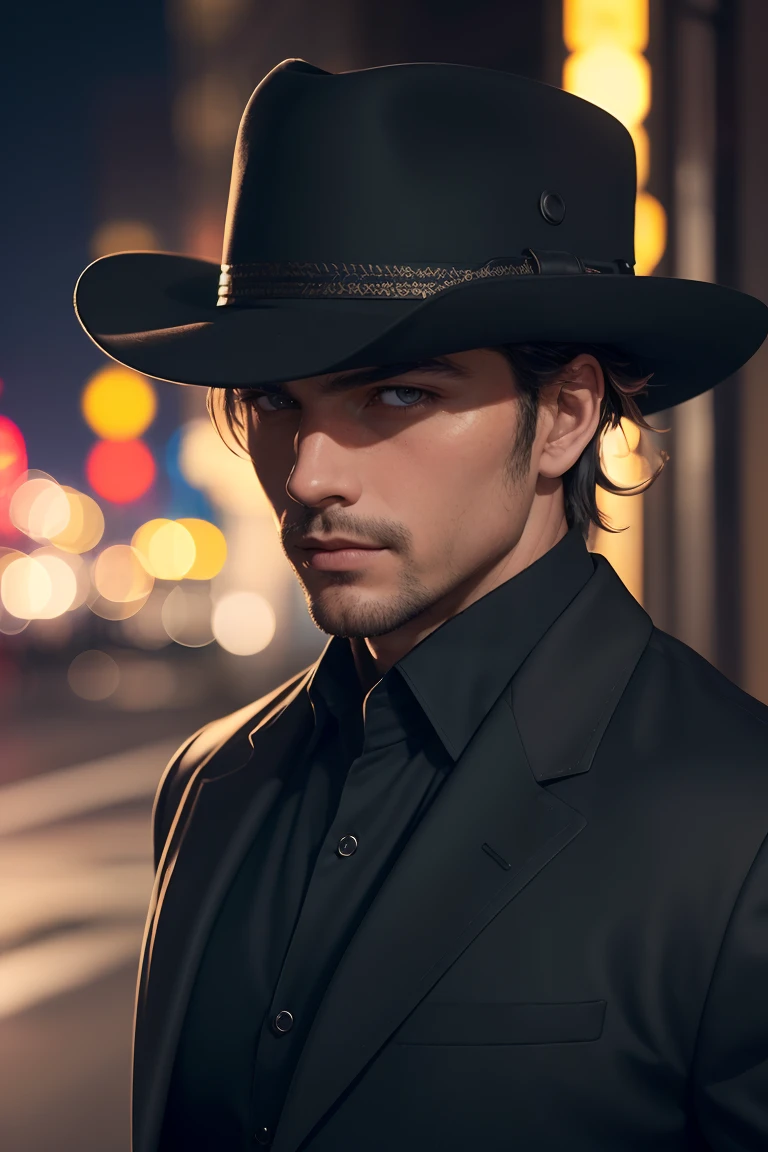 (best quality, masterpiece, official art, highres:1.2), extremely detailed CG unity 8k wallpaper, closeup face photo of caucasian man in black clothes, night city street, bokeh,<lora:GoodHands-beta2:1>,cinematic pose,cowboy shot,