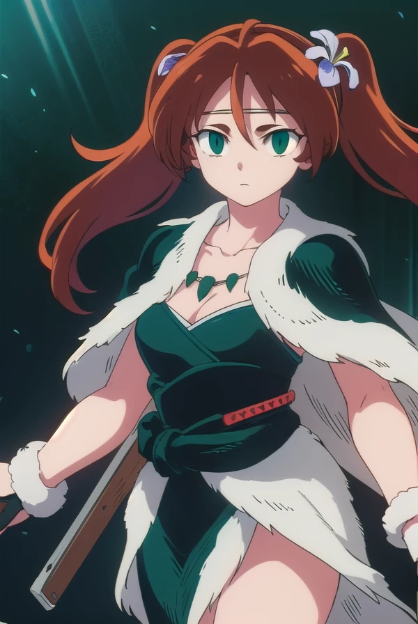inuyashaayame, <lora:inuyasha ayame anime s4-lora-nochekaiser:1>,
ayame, long hair, brown hair, hair ornament, twintails, (green eyes:1.3), flower, red hair, sword, hair flower,
BREAK jewelry, necklace, cape, collarbone,
BREAK outdoors,
BREAK looking at viewer, (cowboy shot:1.5),
BREAK <lyco:GoodHands-beta2:1>, (masterpiece:1.2), best quality, high resolution, unity 8k wallpaper, (illustration:0.8), (beautiful detailed eyes:1.6), extremely detailed face, perfect lighting, extremely detailed CG, (perfect hands, perfect anatomy),
