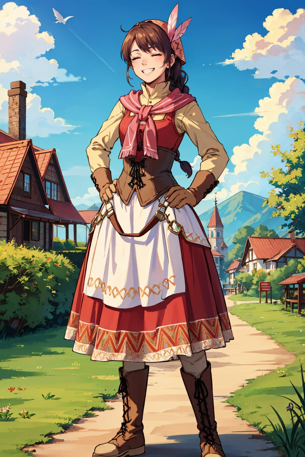 masterpiece, best quality, <lora:yunica-nvwls-v1-000009:0.9> yunica, braided ponytail, bandana, feather hair ornament, pink scarf, red dress, corset, apron, boots, closed eyes, grin, hands to hips, sky, village