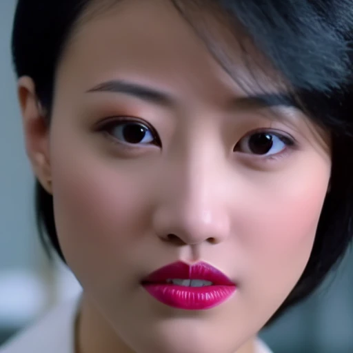 KathyChow, short hair, defined jawline, high cheekbones, almond-shaped eyes with dark irises, well-defined and arched eyebrows, a look of intensity or concentration, straight nose, refined nasal bridge. full lips, a red or crimson shade of lipstick.