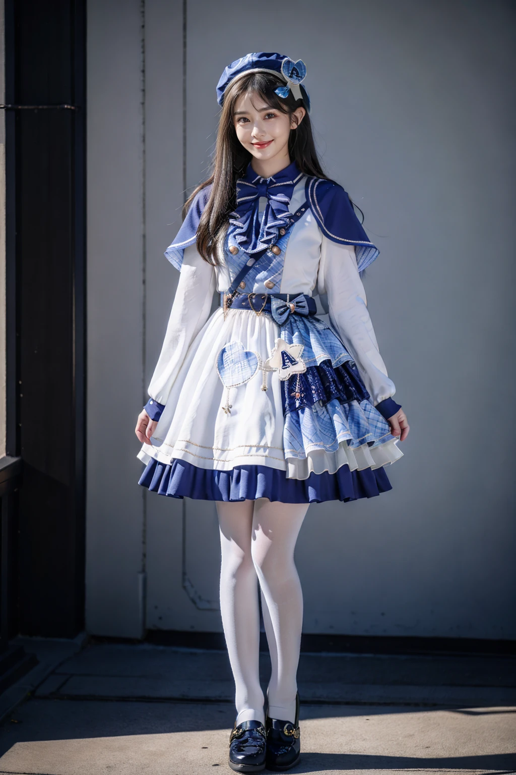 best quality, masterpiece, photorealistic, 1girl, solo, full body, standing, long straight hair, looking at viewer, arms at sides, smile, cyb dress, capelet, long sleeves, belt, bow, bowtie, hat, headwear, white pantyhose, shoes, simle background, <lora:idol_costume_style8_v1:0.75>