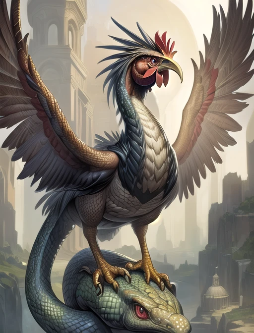 best quality, masterpiece, highres, detailed realistic, <lora:Detail - add_detail:0.2>, Cockatrice, chicken, bird, wings, snake, <lora:Cockatrice:0.6>, no humans,